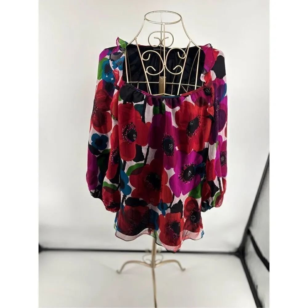 Nanette Lepore Floral Silk V-Neck Blouse Women's Size 2 Long Sleeve
